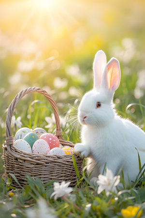 Cute and small Easter bunny sitting in a wildflower meadow with many color Easter eggs in a basket on sunny dayの素材