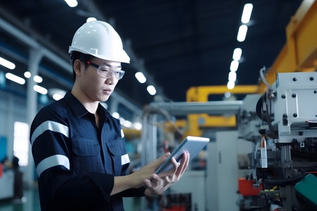 Engineer checking and controlling automation robot arms machine using tablet in intelligent factory industrial 4.0. Welding robotics and digital manufacturing operation.の素材