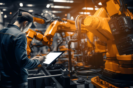 Engineer checking and controlling automation robot arms machine using tablet in intelligent factory industrial 4.0. Welding robotics and digital manufacturing operation.の素材