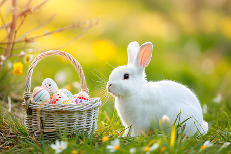 Cute and small Easter bunny sitting in a wildflower meadow with many color Easter eggs in a basket on sunny dayの素材