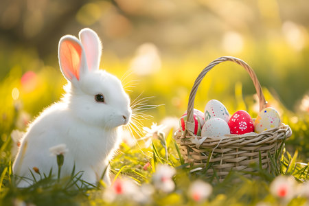 Cute and small Easter bunny sitting in a wildflower meadow with many color Easter eggs in a basket on sunny dayの素材