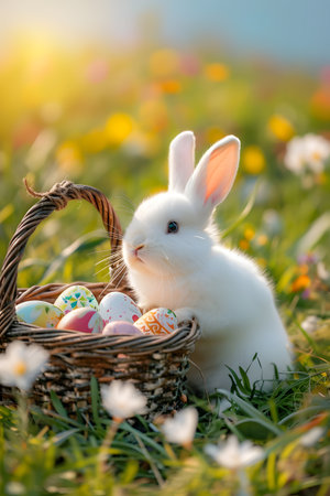 Cute and small Easter bunny sitting in a wildflower meadow with many color Easter eggs in a basket on sunny dayの素材