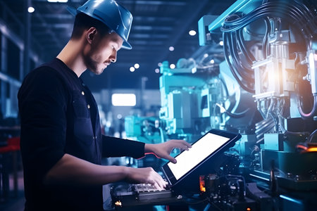 Engineer checking and controlling automation robot arms machine using tablet in intelligent factory industrial 4.0. Welding robotics and digital manufacturing operation.の素材