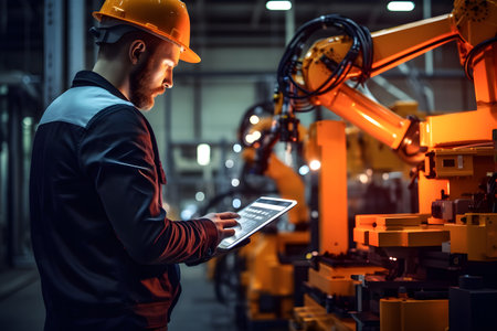 Engineer checking and controlling automation robot arms machine using tablet in intelligent factory industrial 4.0. Welding robotics and digital manufacturing operation.の素材