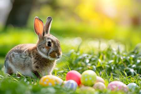 Cute and small Easter bunny sitting in a grass meadow with many color Easter eggs on sunny dayの素材
