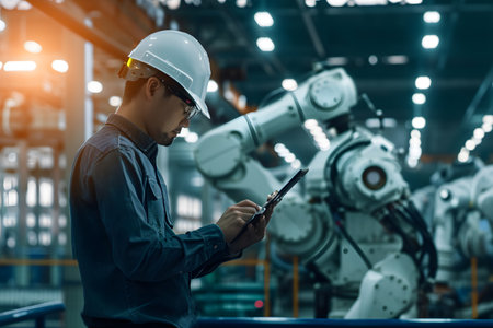 Engineer checking and controlling automation robot arms machine using tablet in intelligent factory industrial 4.0. Welding robotics and digital manufacturing operation.の素材