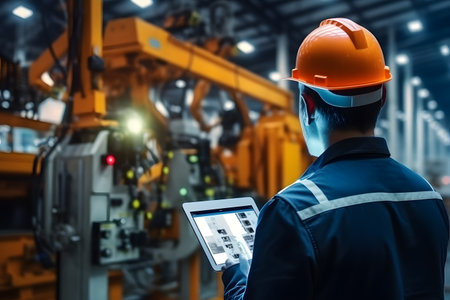 Engineer checking and controlling automation robot arms machine using tablet in intelligent factory industrial 4.0. Welding robotics and digital manufacturing operation.の素材