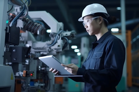 Engineer checking and controlling automation robot arms machine using tablet in intelligent factory industrial 4.0. Welding robotics and digital manufacturing operation.の素材