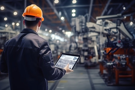 Engineer checking and controlling automation robot arms machine using tablet in intelligent factory industrial 4.0. Welding robotics and digital manufacturing operation.の素材