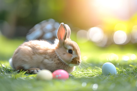 Cute and small Easter bunny sitting in a grass meadow with many color Easter eggs on sunny dayの素材