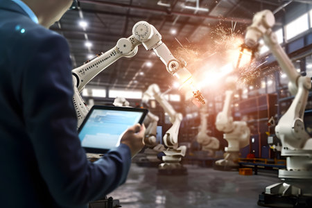 Engineer checking and controlling automation robot arms machine using tablet in intelligent factory industrial 4.0. Welding robotics and digital manufacturing operation.の素材