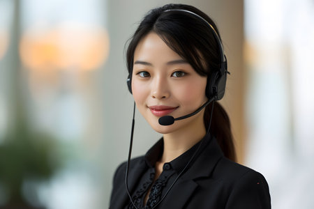 Friendly portrait of a young Asian female customer service agent wearing a microphone headset with smiling faceの素材