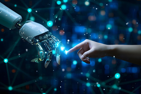 Hand of robot and human's hand touching each other on technology background, for science and artificial intelligence technology, innovation and futuristicの素材