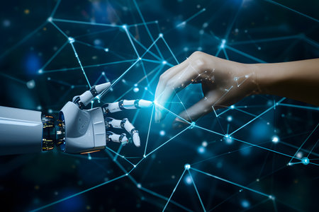 Hand of robot and human's hand touching each other on technology background, for science and artificial intelligence technology, innovation and futuristicの素材