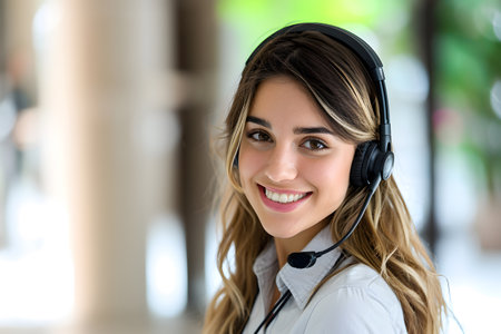 Friendly portrait of a young female customer service agent wearing a microphone headset with smiling faceの素材