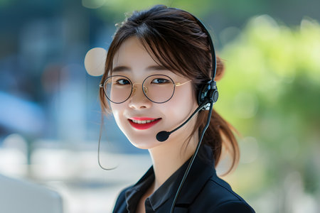 Friendly portrait of a young Asian female customer service agent wearing a microphone headset with smiling faceの素材