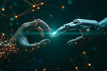 Hand of robot and human's hand touching each other on technology background, for science and artificial intelligence technology, innovation and futuristicの素材