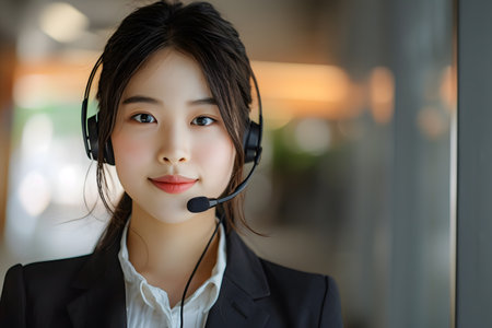 Friendly portrait of a young Asian female customer service agent wearing a microphone headset with smiling faceの素材