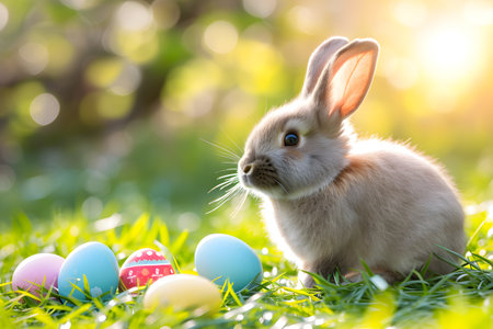 Cute and small Easter bunny sitting in a grass meadow with many color Easter eggs on sunny dayの素材
