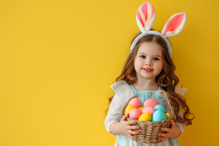 Smiling and cheerful little girl with bunny ears holding a basket of easter eggs, on yellow studio backgroundの素材