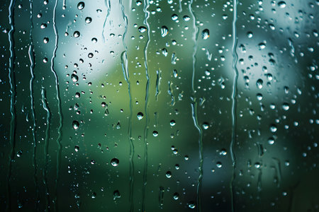 Shiny raindrops splashes falling cascading down wet glossy foggy car glass windowの素材