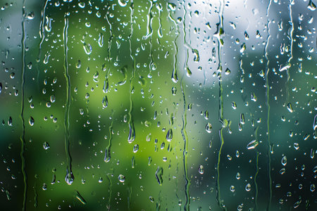 Shiny raindrops splashes falling cascading down wet glossy foggy car glass windowの素材