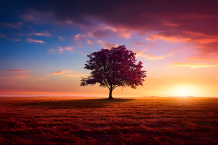 Silhouette of a tree alone on beautiful meadow field against dramatic skyの素材