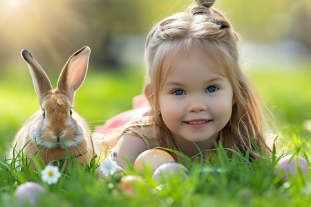 Cute little girl with a bunny rabbit hunt for Easter eggs at green grass during spring timeの素材