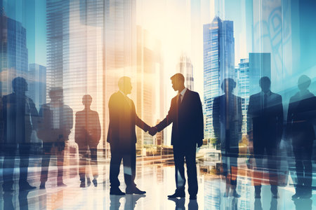 Abstract image double exposure of business people in conference meeting with city office building in background showing partnership success of closing business deal, concept of teamwork, trust and agreementの素材