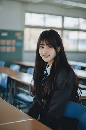 Beautiful Japanese junior high school girl in uniform, sitting in an empty Japanese high school classroom, looking at cameraの素材
