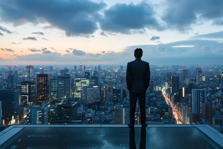Wealthy and successful business man standing on top of building and looking over cityscape at nightの素材