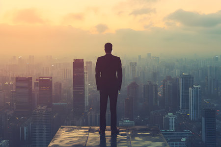 Wealthy and successful business man standing on top of building and looking over cityscape at nightの素材