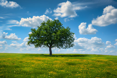 Large and beautiful green tree under blue skiesの素材