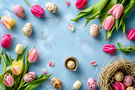 Top down view Easter holiday background with Easter decorative eggs and tulip flowersの素材