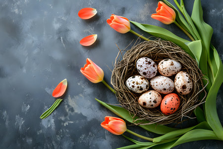 Top down view Easter holiday background with Easter decorative eggs and tulip flowersの素材
