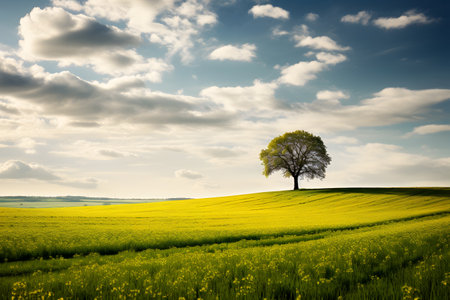 Large and beautiful green tree under blue skiesの素材