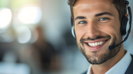 Friendly portrait of a young male customer service agent wearing a microphone headset with smiling faceの素材