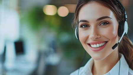 Friendly portrait of a young female customer service agent wearing a microphone headset with smiling faceの素材