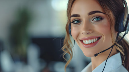 Friendly portrait of a young female customer service agent wearing a microphone headset with smiling faceの素材