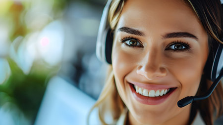 Friendly portrait of a young female customer service agent wearing a microphone headset with smiling faceの素材