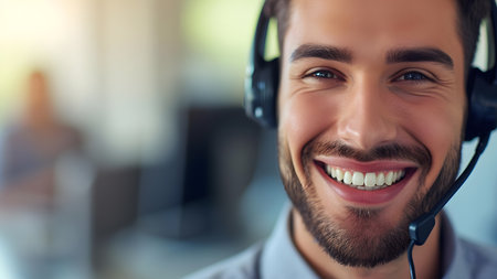 Friendly portrait of a young male customer service agent wearing a microphone headset with smiling faceの素材