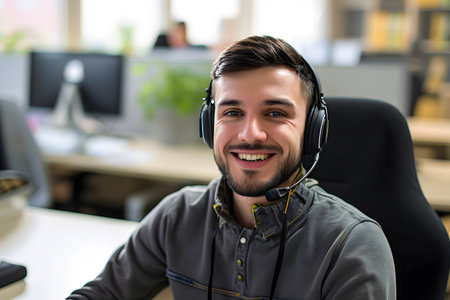 Friendly portrait of a young male customer service agent wearing a microphone headset with smiling faceの素材