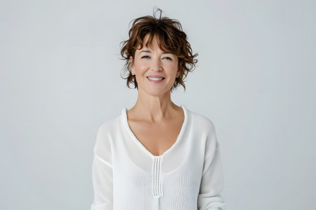 Beautiful confident mature middle aged 40s woman smiling looking at camera posing isolated on white grey studio backgroundの素材