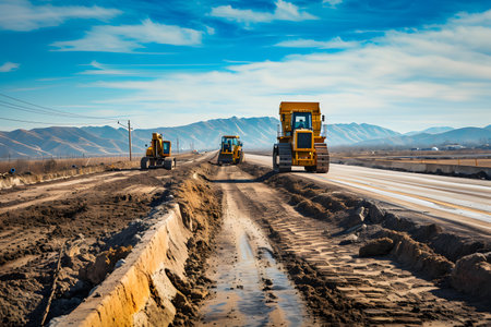 A new road is under construction with several pieces of heavy construction equipmentの素材