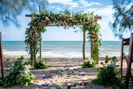 The wooden wedding arch decorated with flowers is arranged on the sandy beach with walkway to the beach for wedding ceremonyの素材
