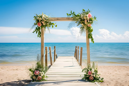 The wooden wedding arch decorated with flowers is arranged on the sandy beach with walkway to the beach for wedding ceremonyの素材