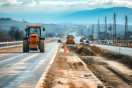 A new road is under construction with several pieces of heavy construction equipmentの素材
