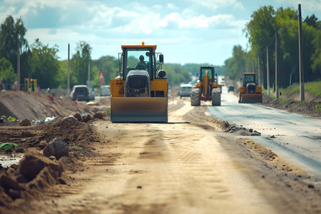 A new road is under construction with several pieces of heavy construction equipmentの素材