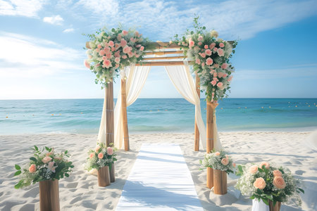The wooden wedding arch decorated with flowers is arranged on the sandy beach with walkway to the beach for wedding ceremonyの素材