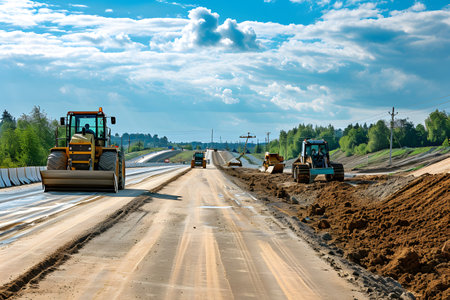 A new road is under construction with several pieces of heavy construction equipmentの素材